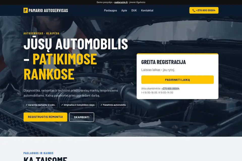 Autoservisas svetainės pavyzdys