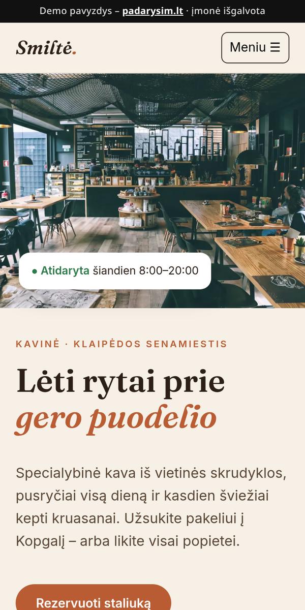 Kavinės svetainės pavyzdys telefone